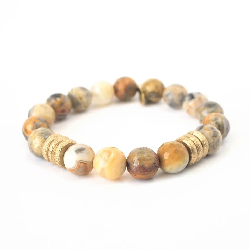 Agate Crystal Bracelet | Mexican Crazy Lace Agate with Gold Rings