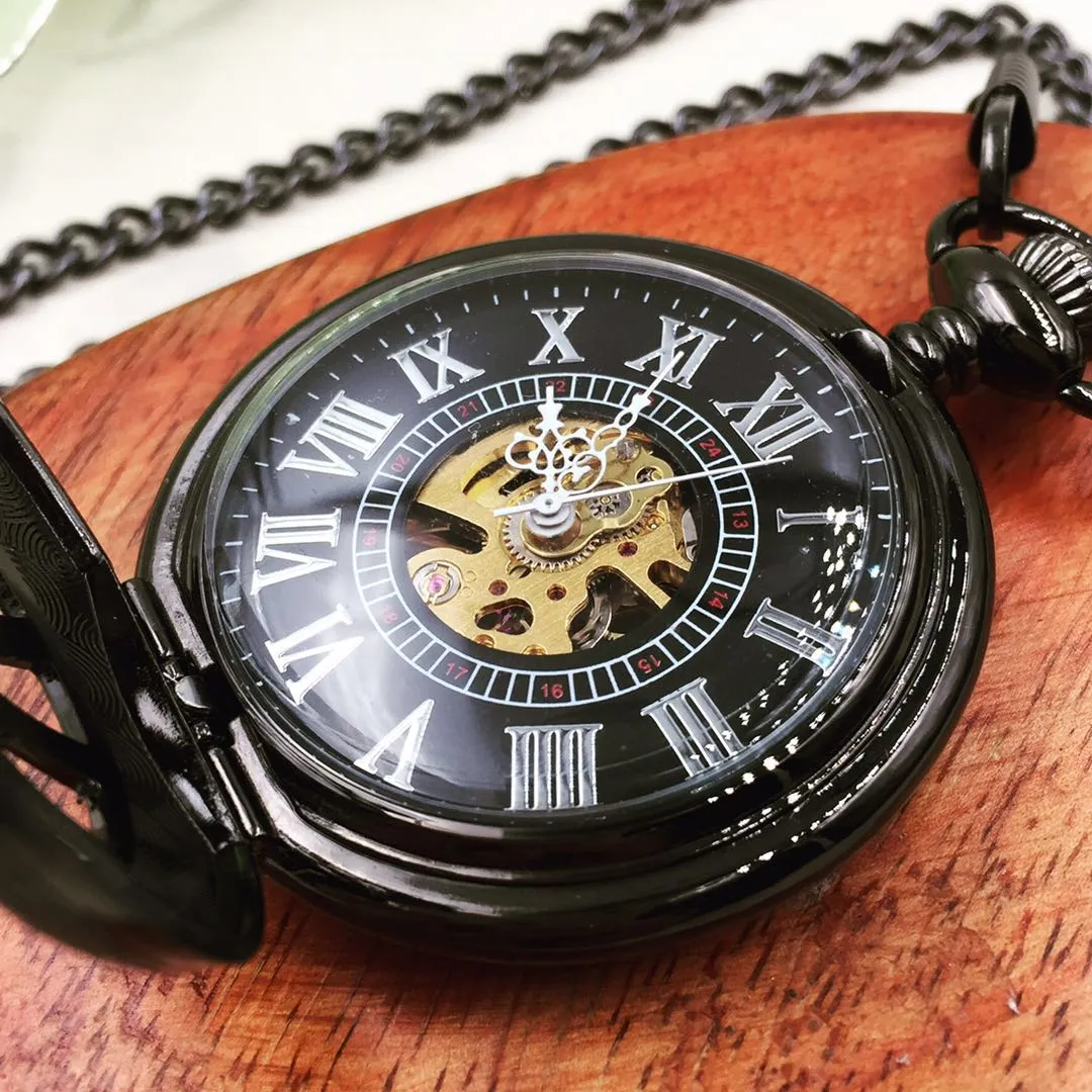 Antique Black Steampunk Mens Pocket Watch Engravable Groomsmen Gifts MPW004