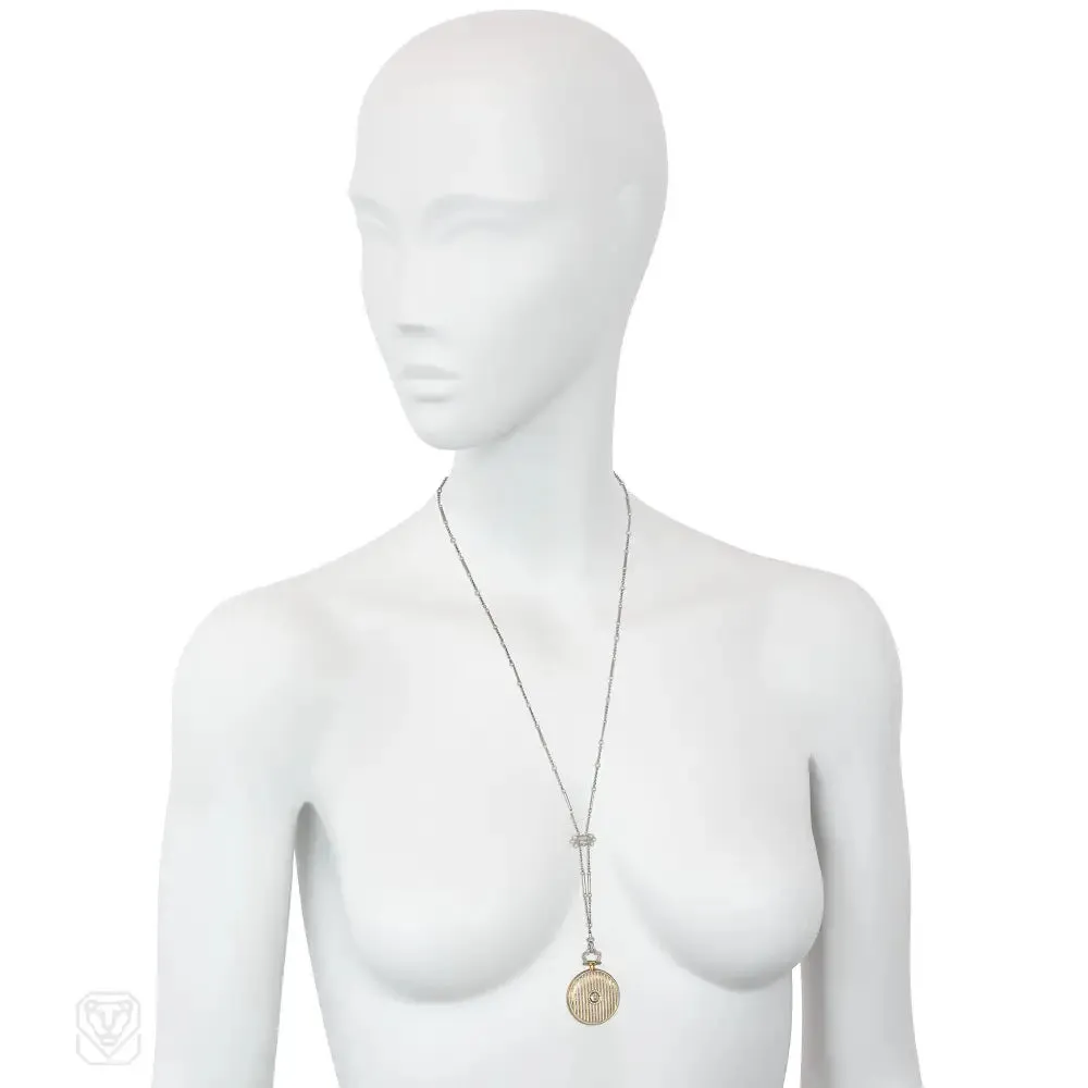 Art Deco Cartier gold and white enamel watch pendant with platinum and pearl chain