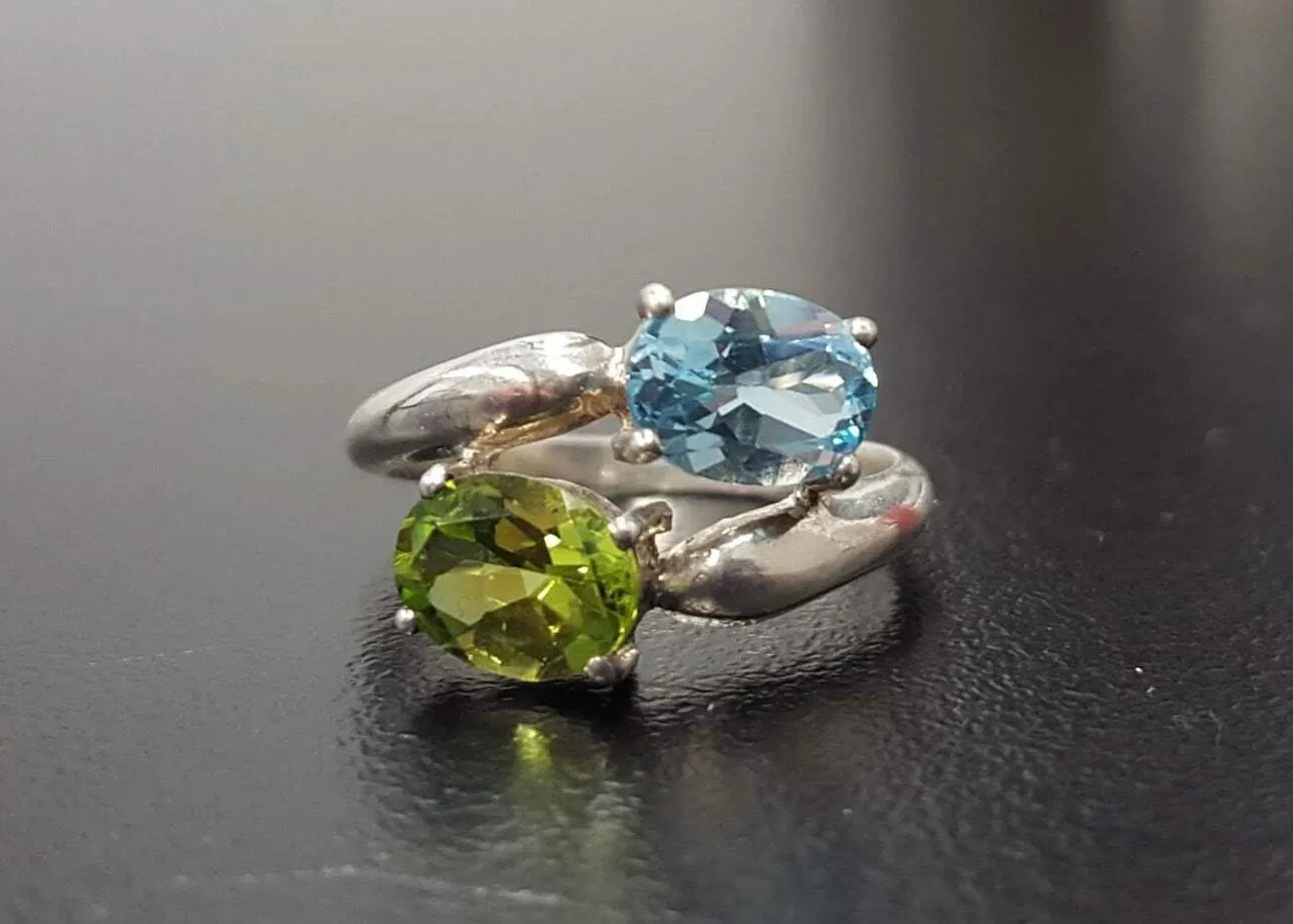 Blue Topaz Ring - Two Stone Ring - Peridot Bypass Ring