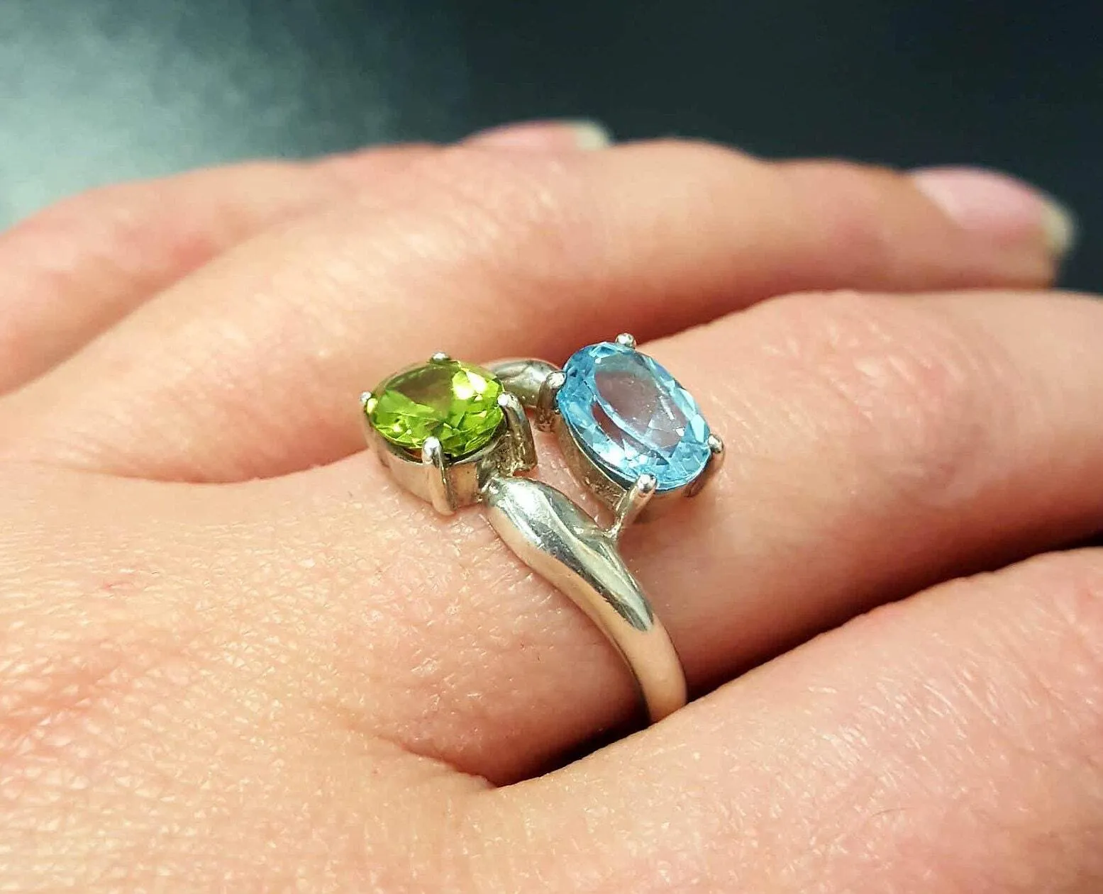 Blue Topaz Ring - Two Stone Ring - Peridot Bypass Ring