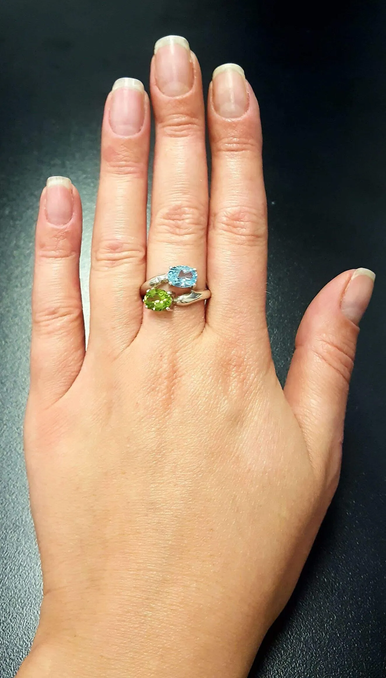 Blue Topaz Ring - Two Stone Ring - Peridot Bypass Ring