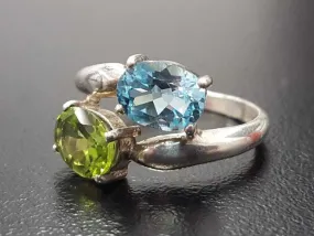 Blue Topaz Ring - Two Stone Ring - Peridot Bypass Ring