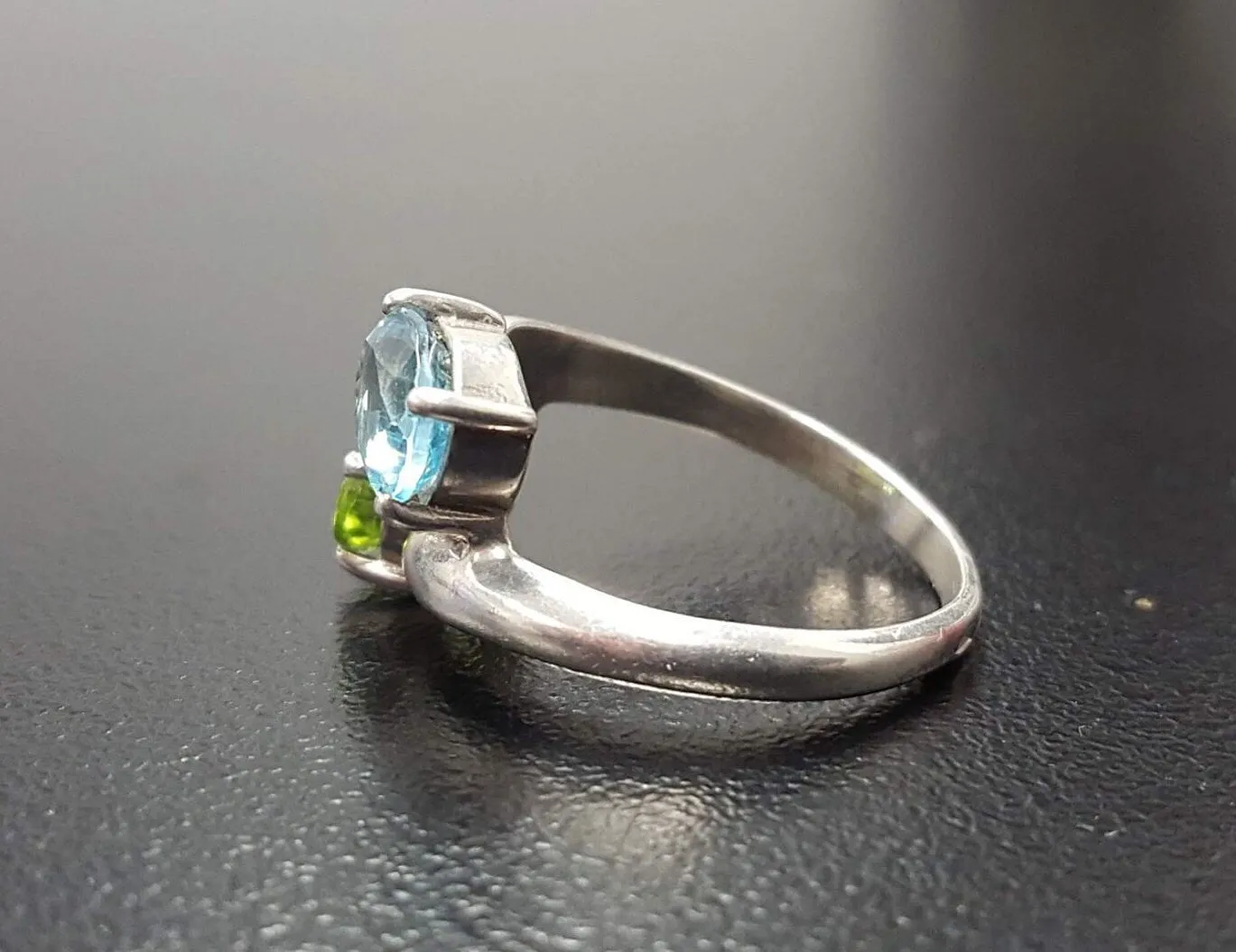 Blue Topaz Ring - Two Stone Ring - Peridot Bypass Ring