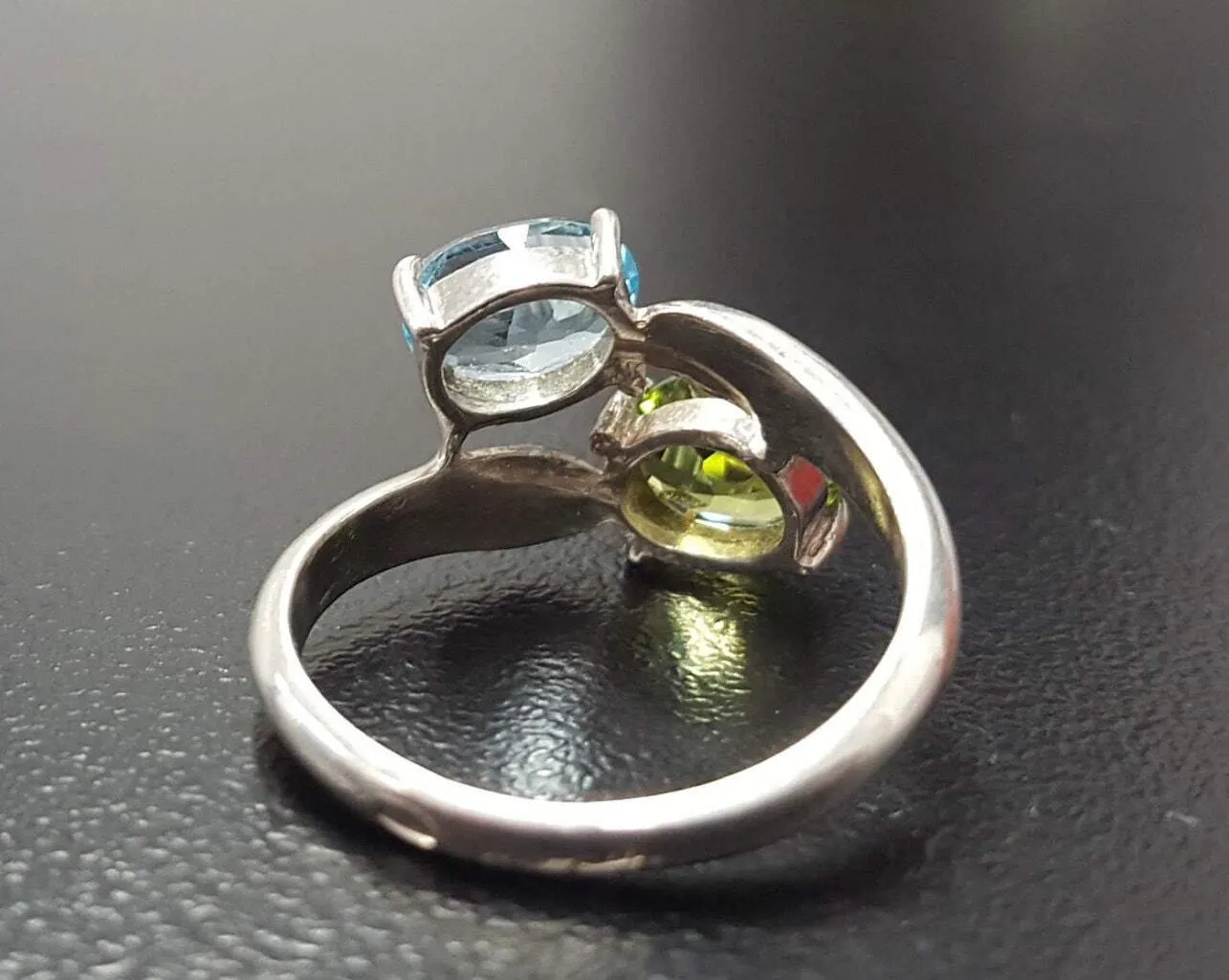 Blue Topaz Ring - Two Stone Ring - Peridot Bypass Ring