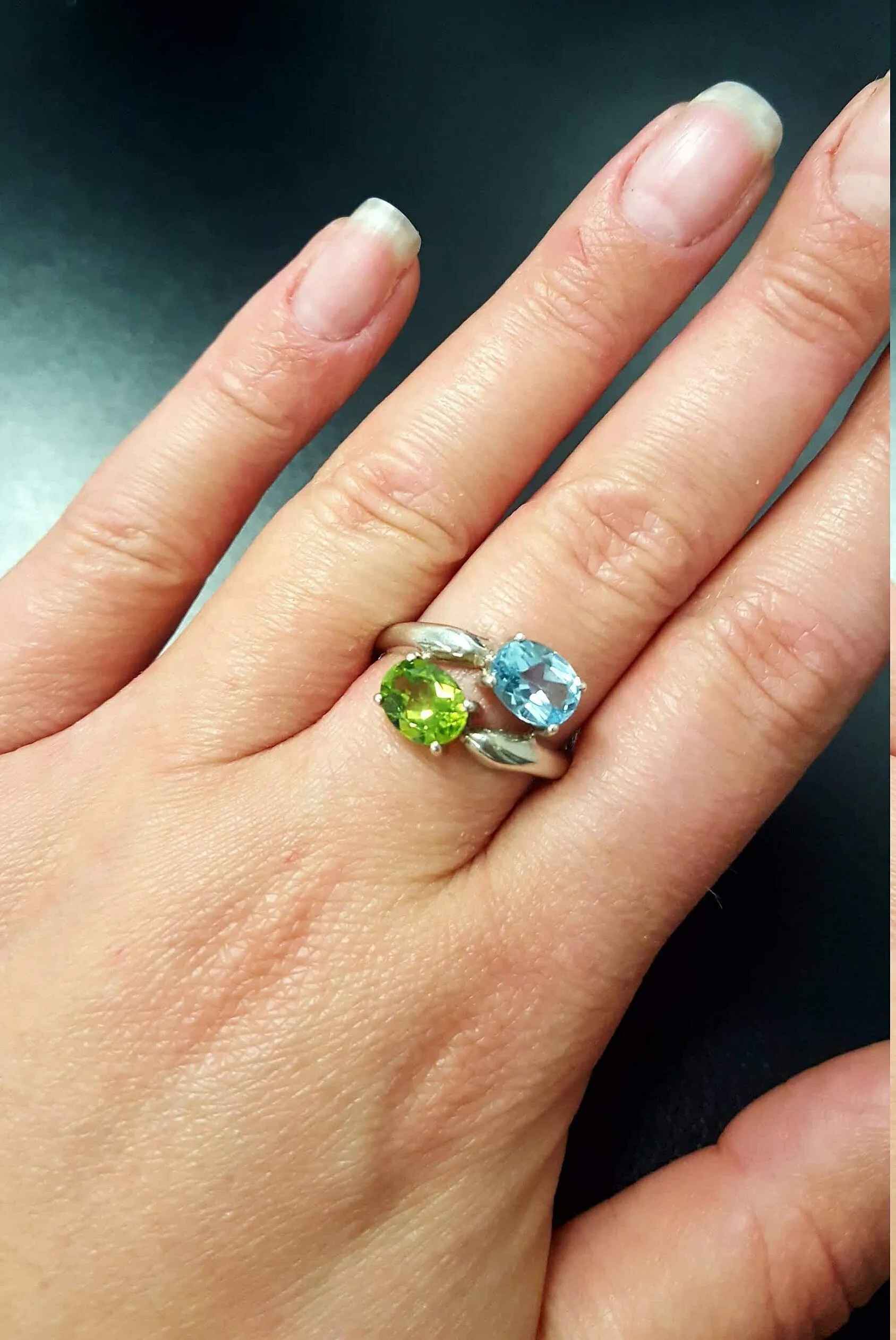 Blue Topaz Ring - Two Stone Ring - Peridot Bypass Ring