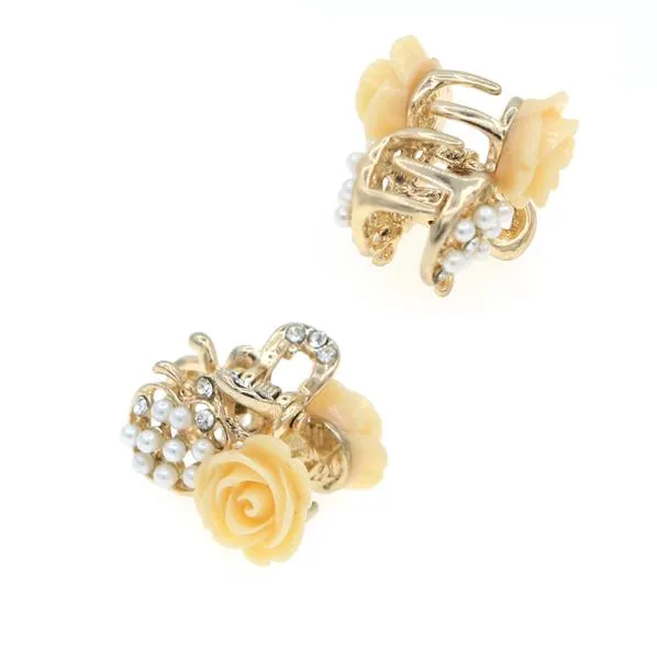 Butterfly Rhinestone and Glass Pearl Hair Barrette Mini Clip Hairpins 4-pc Set Champagne