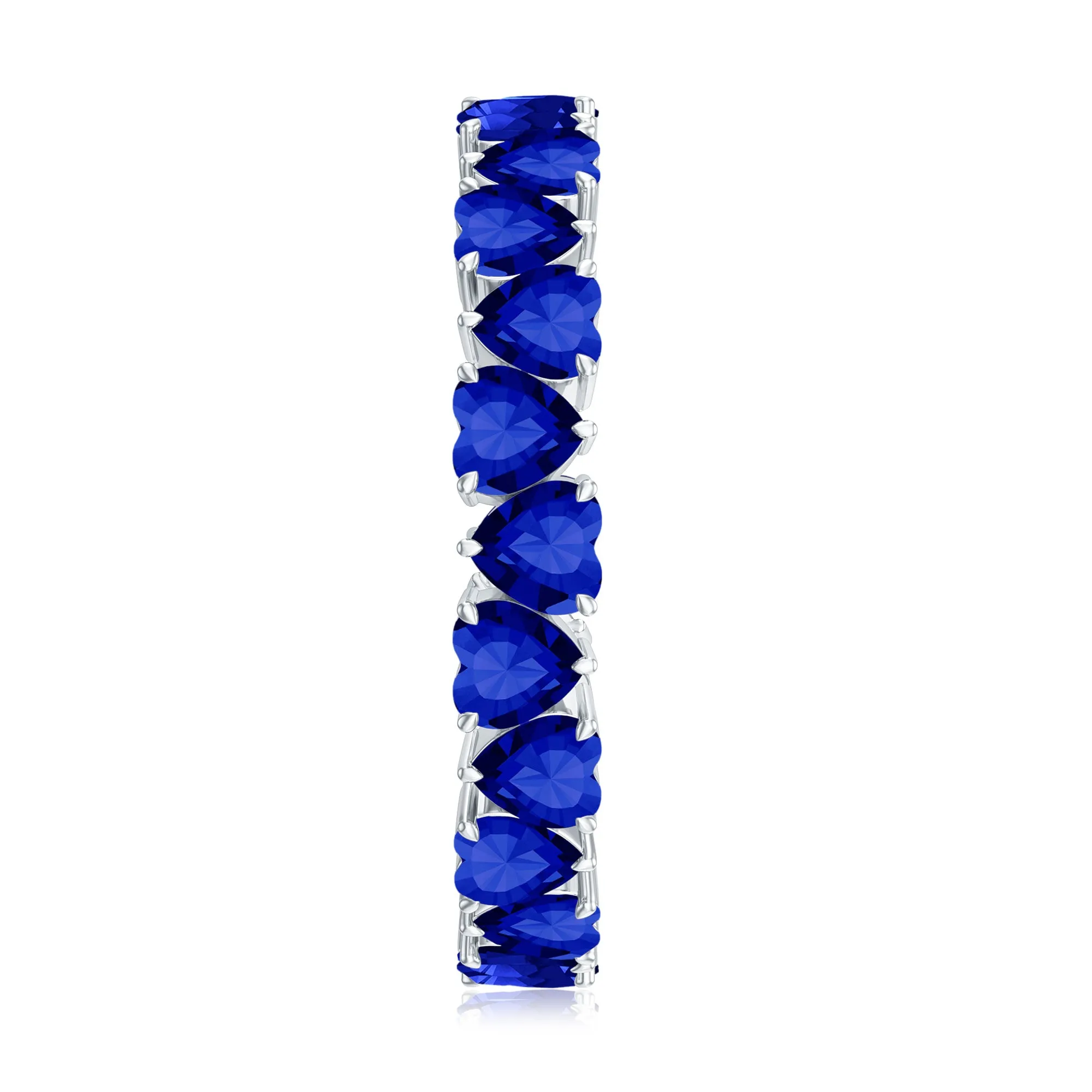 Claw Set Created Blue Sapphire Heart Eternity Band Ring in Gold