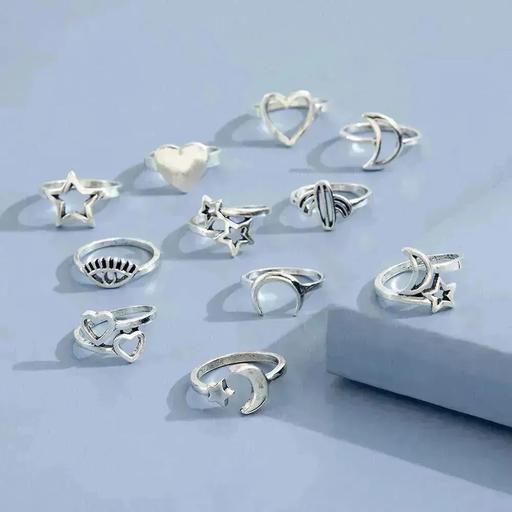 Eleven Sets Of Personalized Retro Hollow Love Stars Moon Cactus Eyes Ring