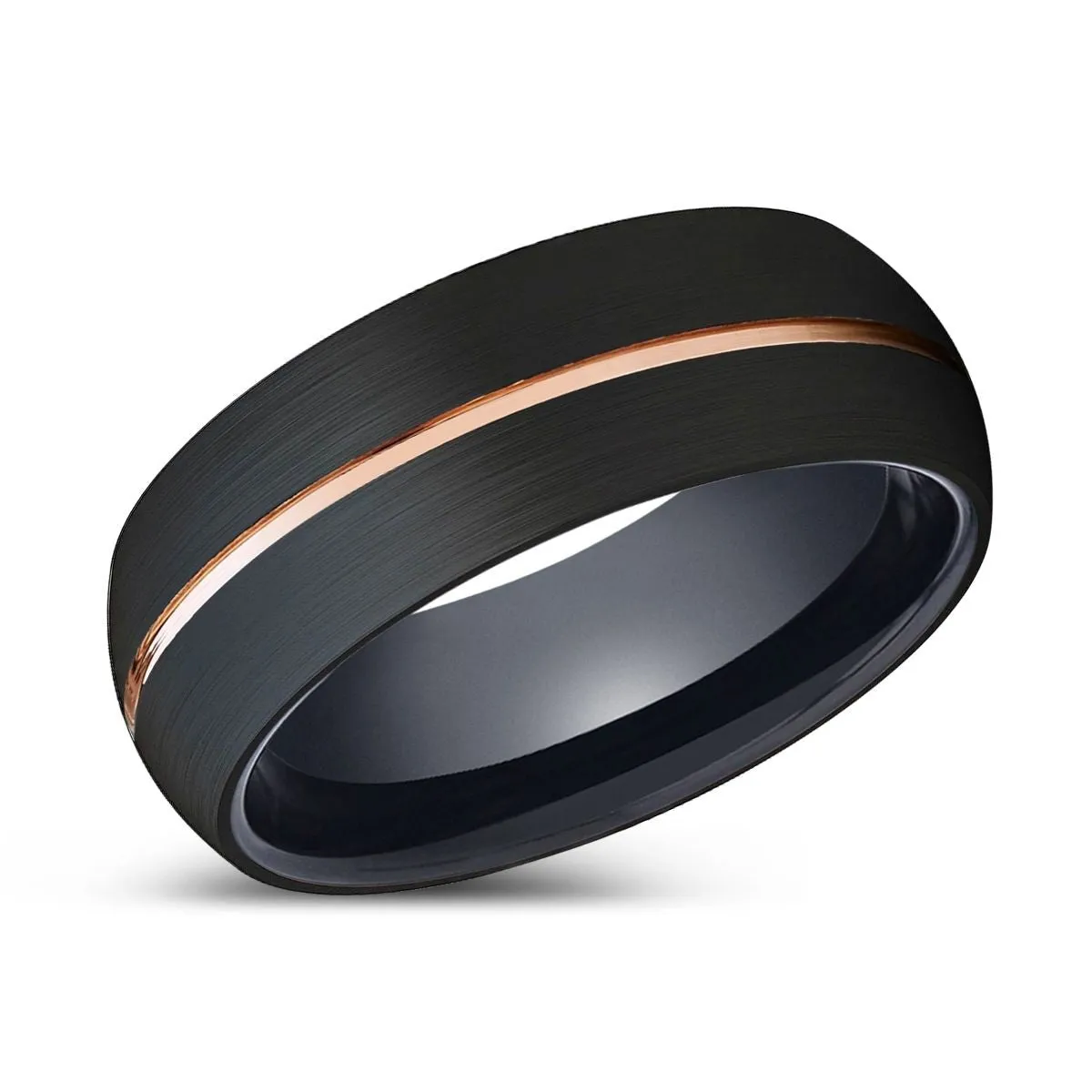 EXHOLM | Black Ring, Black Tungsten Ring, Rose Gold Groove, Domed