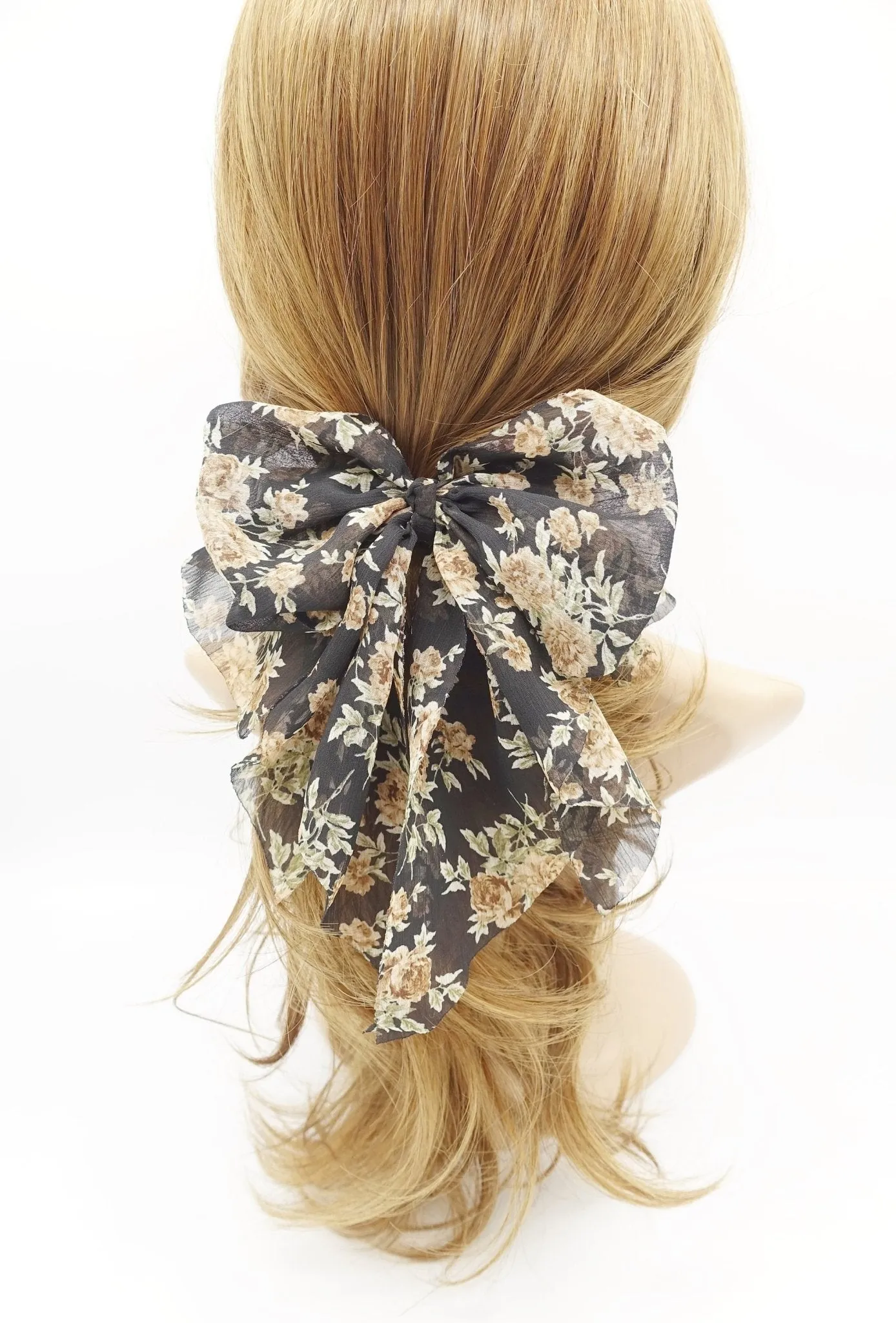 flower print hair bow thin Sping new hair bow floral chiffon bow double layered tail bow hair barrette for women