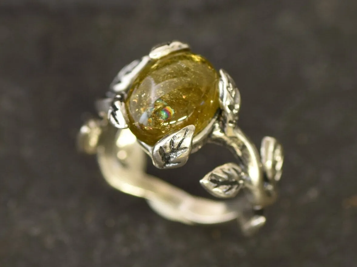 Green Tourmaline Ring - Silver Leaf Ring - Olive Branch Ring