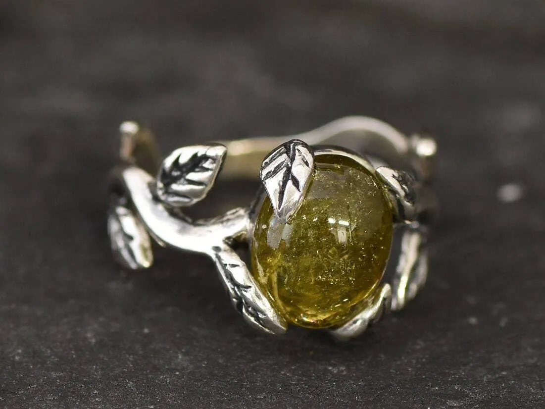Green Tourmaline Ring - Silver Leaf Ring - Olive Branch Ring