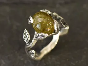 Green Tourmaline Ring - Silver Leaf Ring - Olive Branch Ring