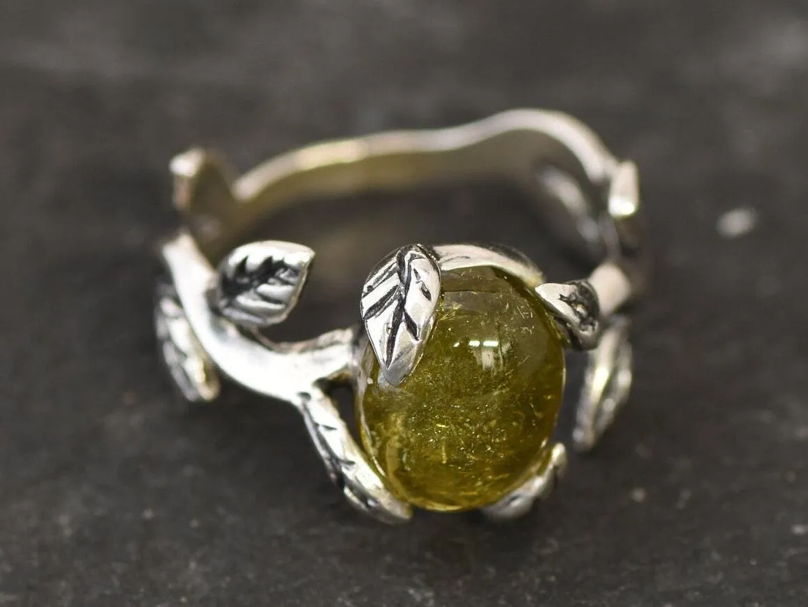 Green Tourmaline Ring - Silver Leaf Ring - Olive Branch Ring