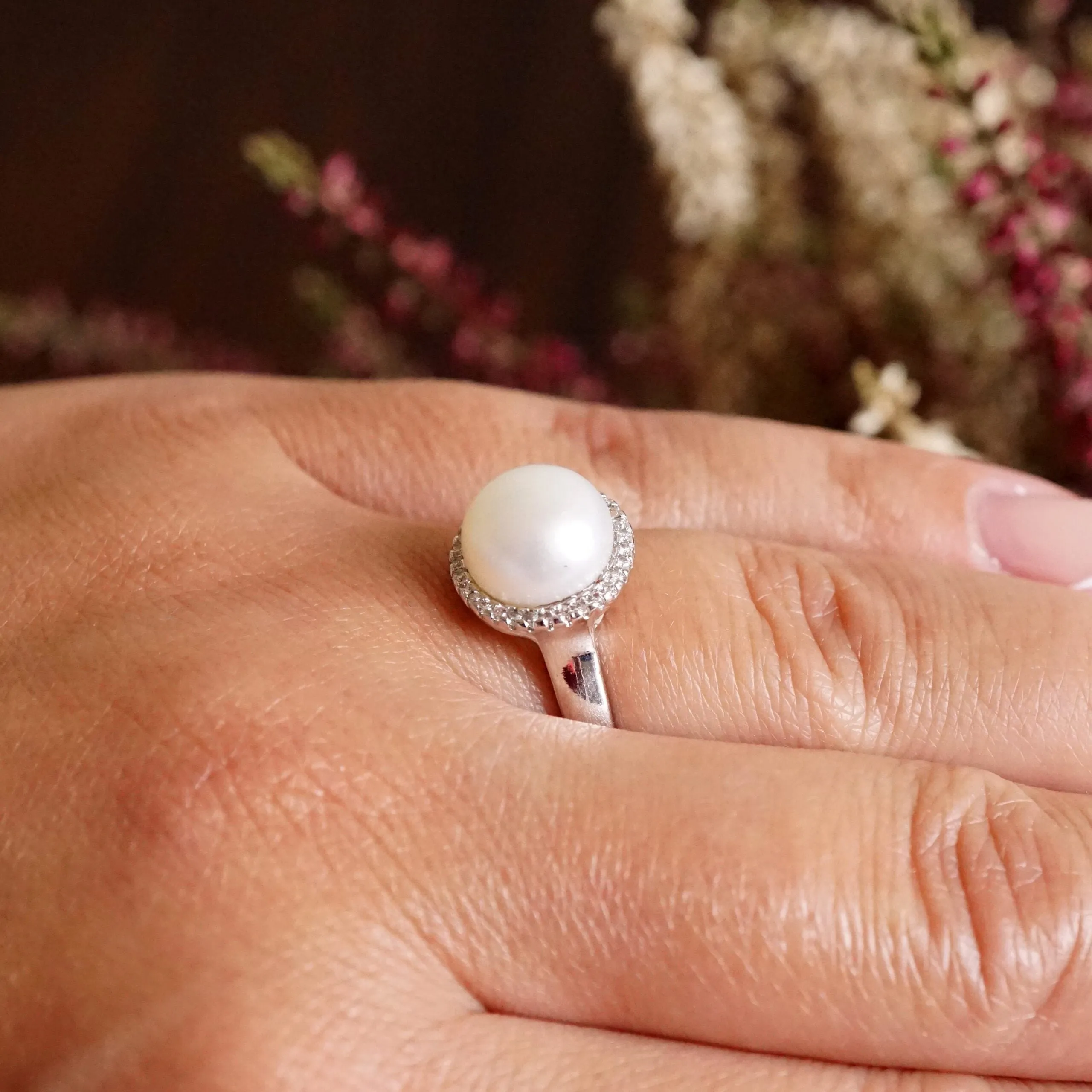 Mila X -White Pearl Freshwater Round Ring with Diamonds (CZ)