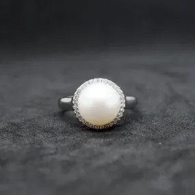 Mila X -White Pearl Freshwater Round Ring with Diamonds (CZ)