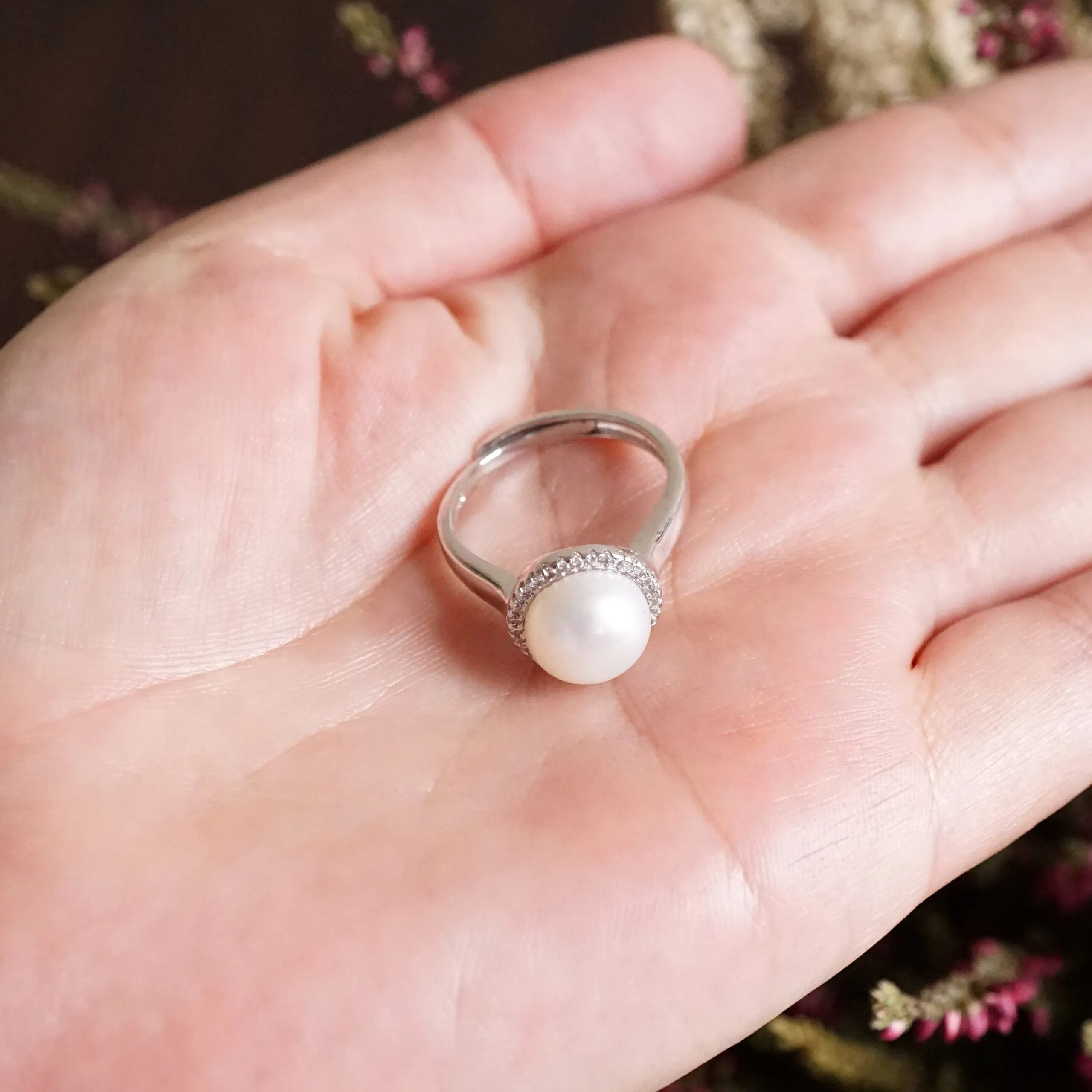 Mila X -White Pearl Freshwater Round Ring with Diamonds (CZ)