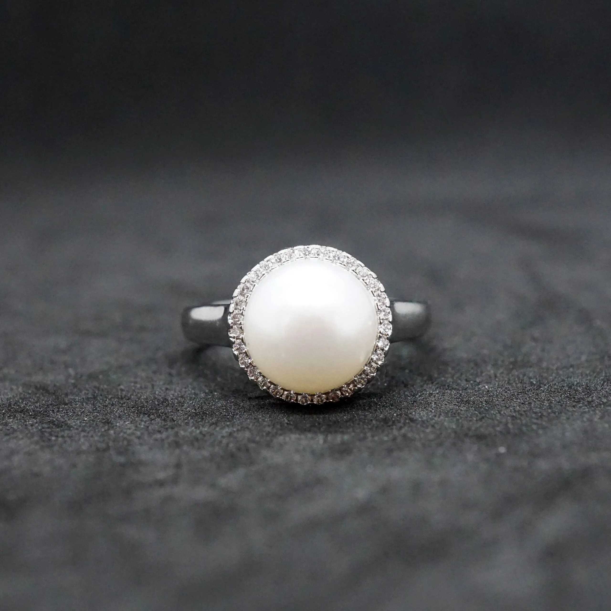Mila X -White Pearl Freshwater Round Ring with Diamonds (CZ)