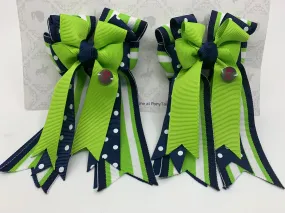PonyTail Bows- Navy Polka Dots/Green