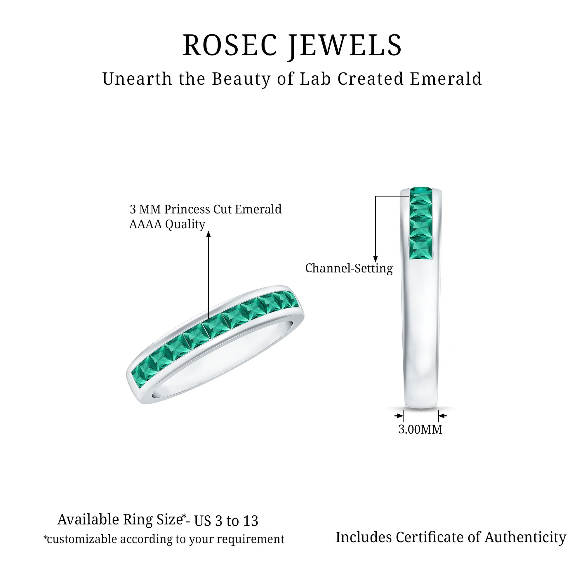 Princess Cut Lab Grown Emerald Half Eternity Band Ring