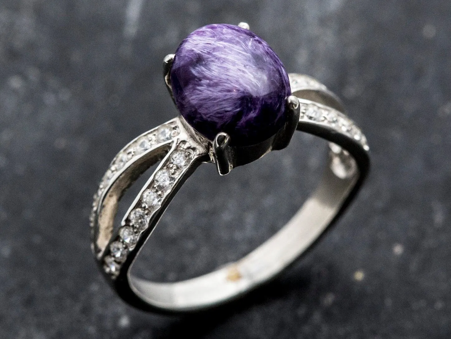 Purple Vintage Ring - Charoite Solitaire Ring - Split Pave Silver Band