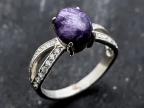 Purple Vintage Ring - Charoite Solitaire Ring - Split Pave Silver Band