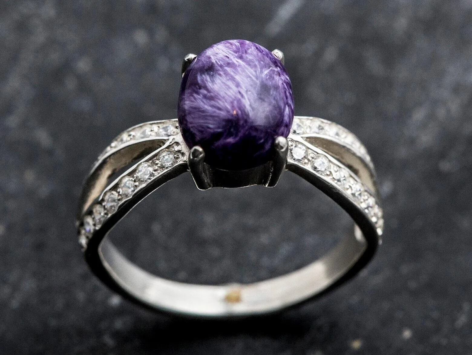 Purple Vintage Ring - Charoite Solitaire Ring - Split Pave Silver Band