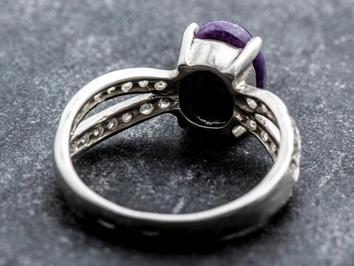 Purple Vintage Ring - Charoite Solitaire Ring - Split Pave Silver Band