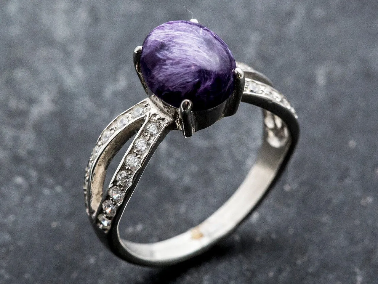 Purple Vintage Ring - Charoite Solitaire Ring - Split Pave Silver Band