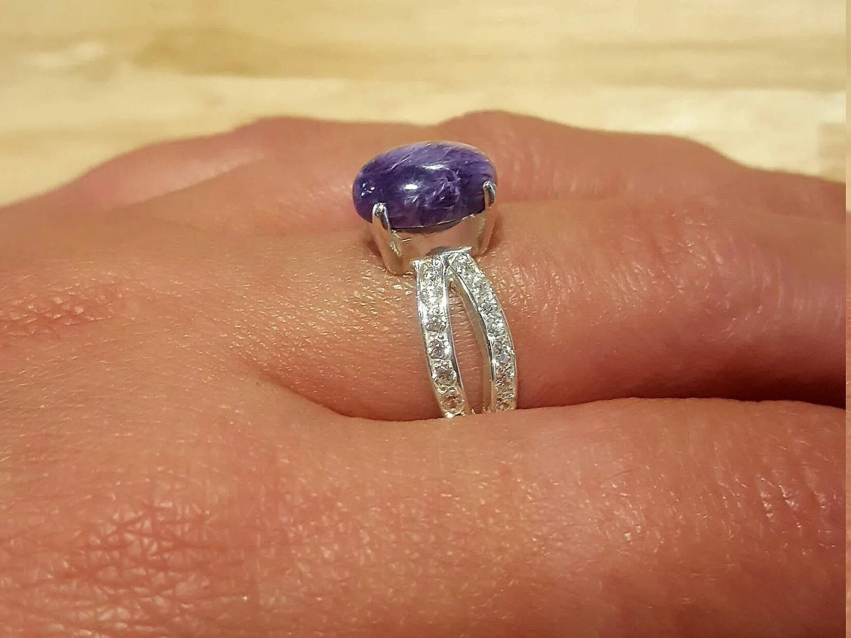 Purple Vintage Ring - Charoite Solitaire Ring - Split Pave Silver Band