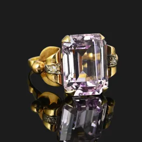 Retro 18K Gold Large Kunzite Ring w Diamond