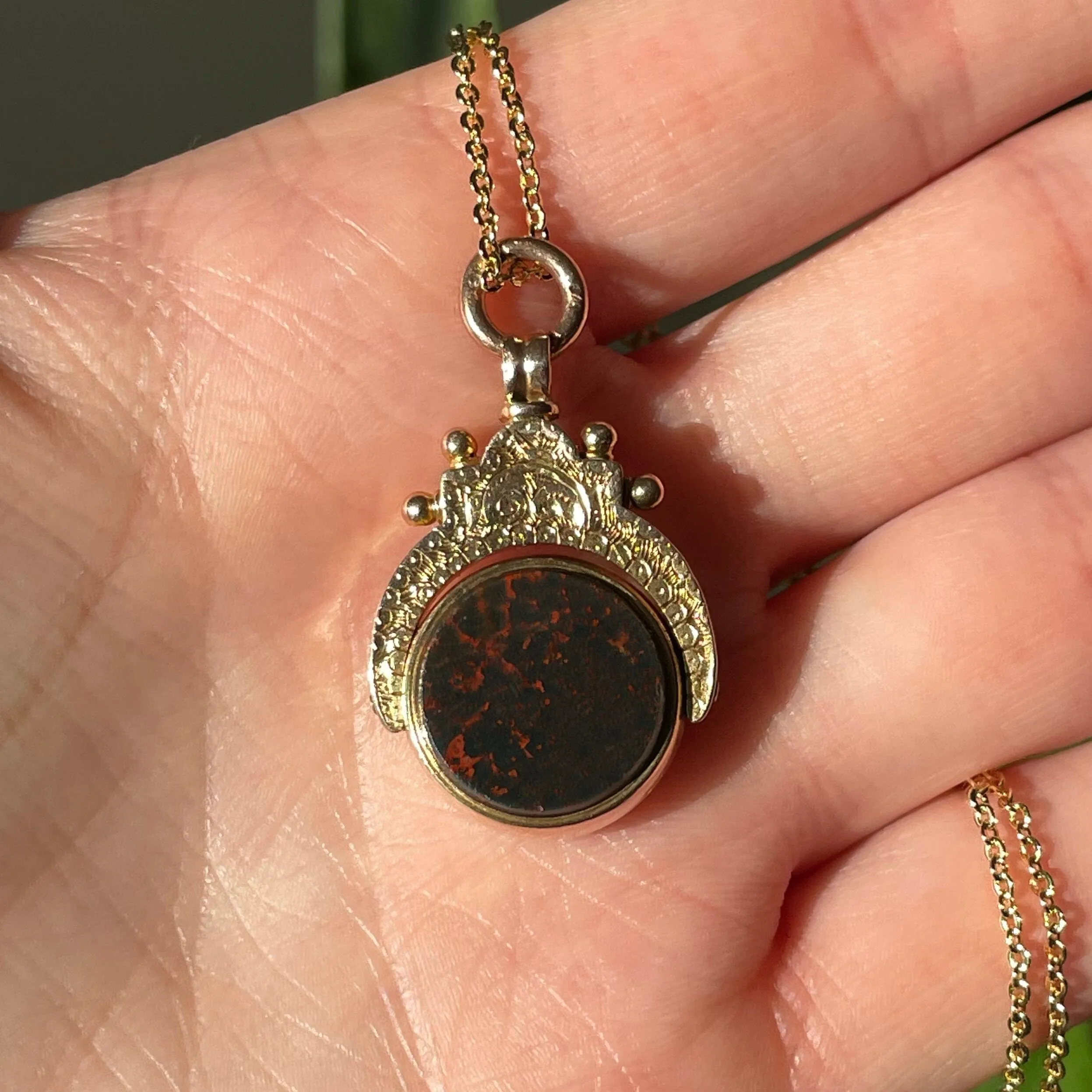 Vintage Gold Bloodstone Carnelian Spinner Watch Fob Necklace