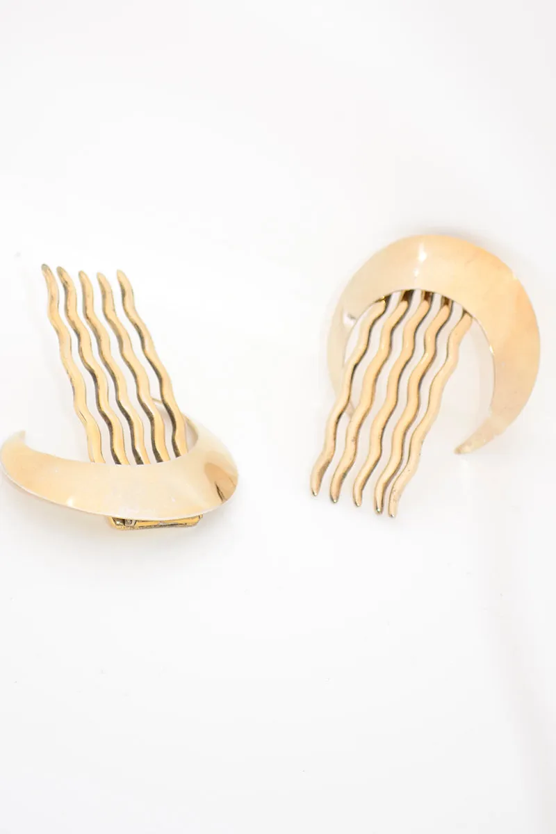 Vintage Pair of Sterling Silver Gold Vermeil Half Moon Hair Combs