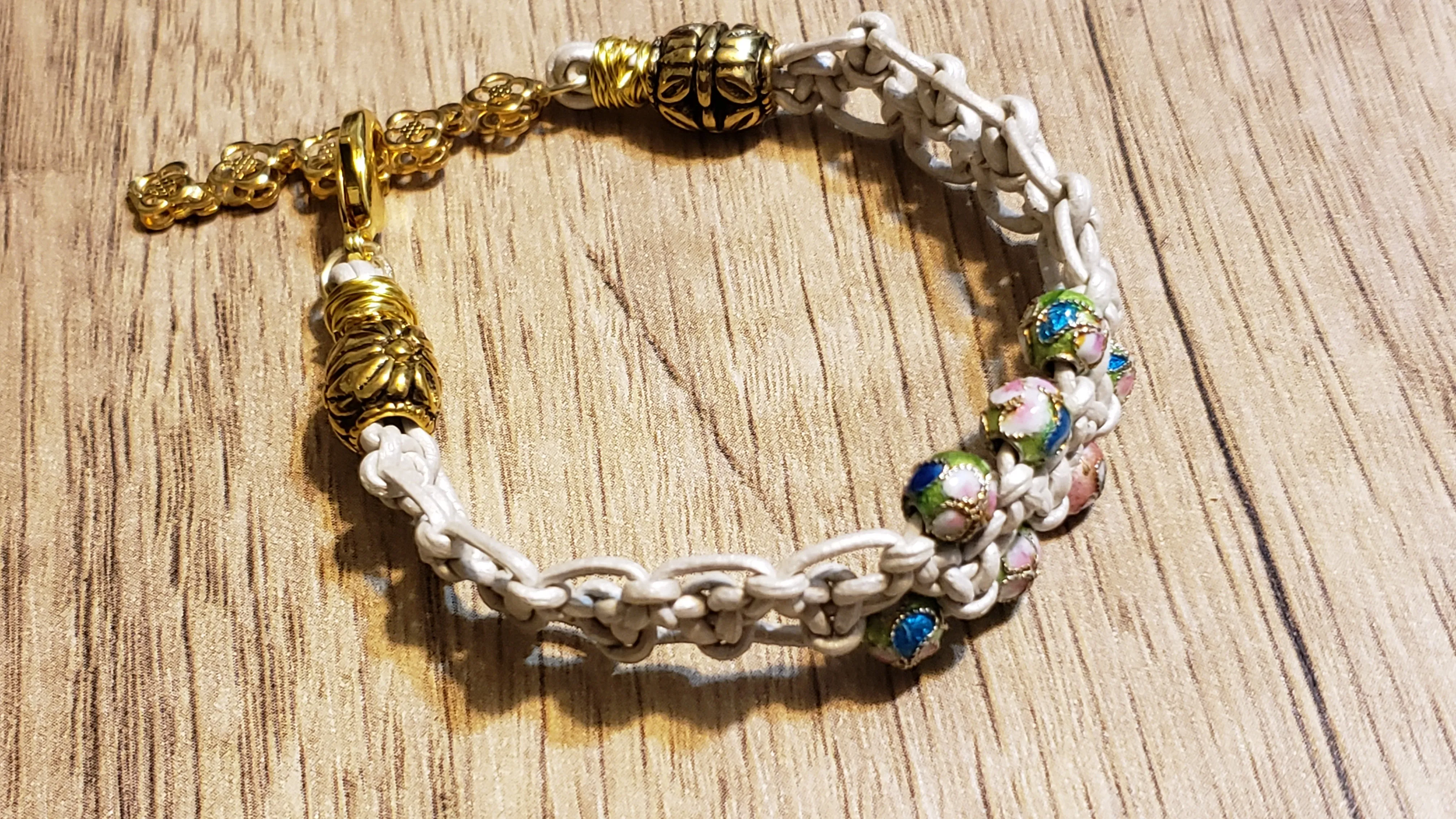 White Genuine Leather Bracelet with Enamel Beads, Adjustable Gold Plated Stainless Steel Chain & Lobster Claw Clasp