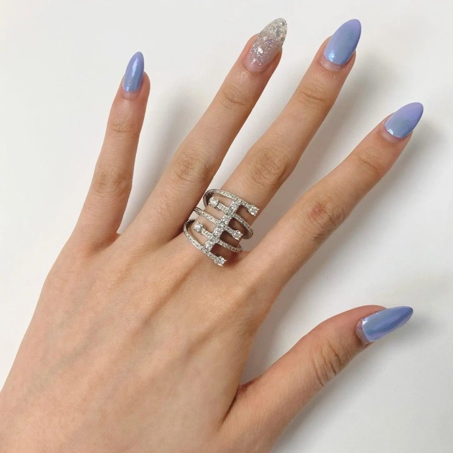 Wide Diamond Crossover Ring Multi-Row Band